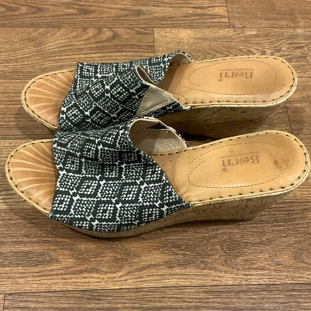 Born Black and Tan Patterned Wedge Sandals